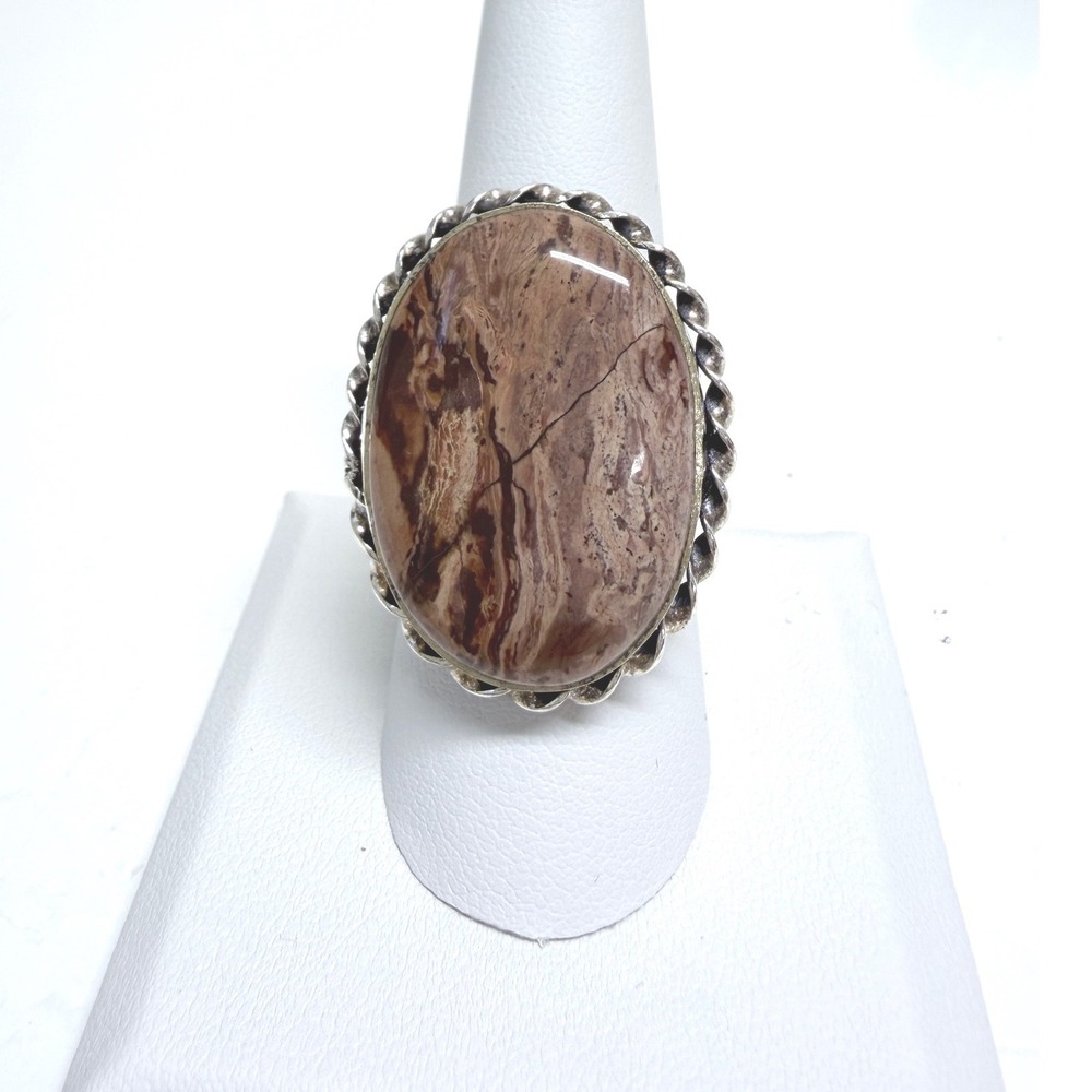 Hand Crafted convoluted naturalJasper gemstone  Ring Women Size 8  Silver Plated